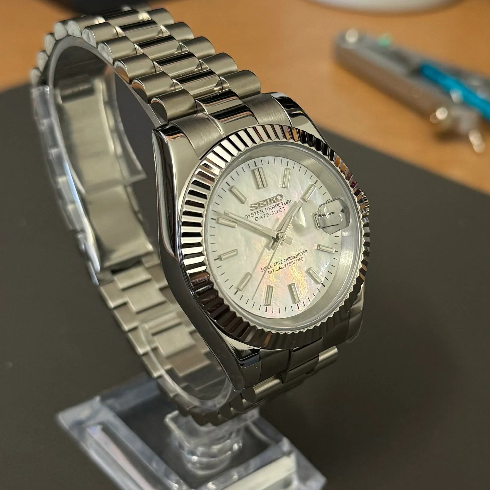 DateJust SeikoMods Steel Pearl Dial