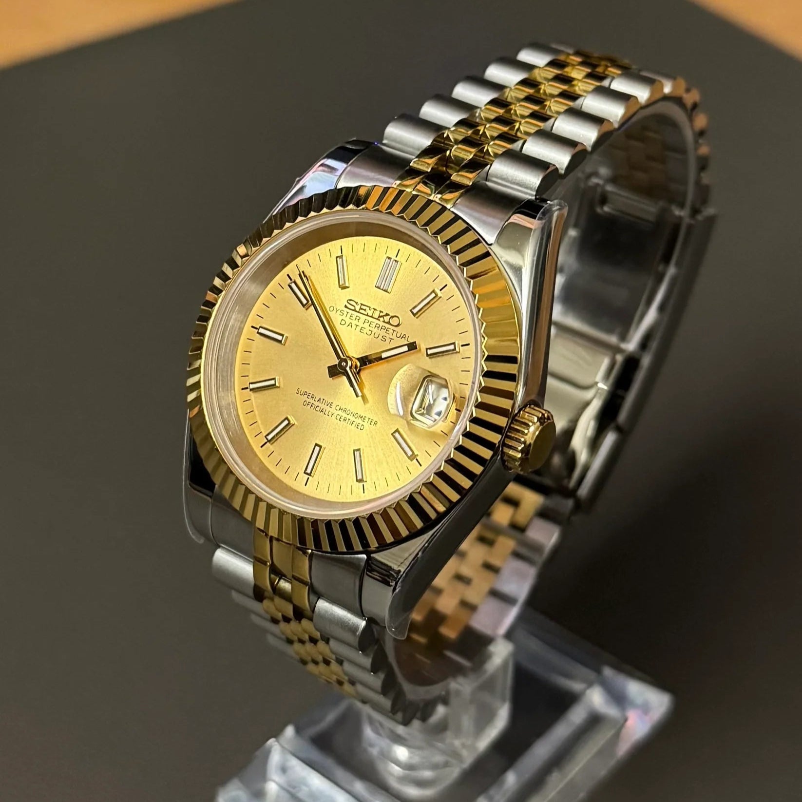 DateJust SeikoMods Two Tone Gold Champagne