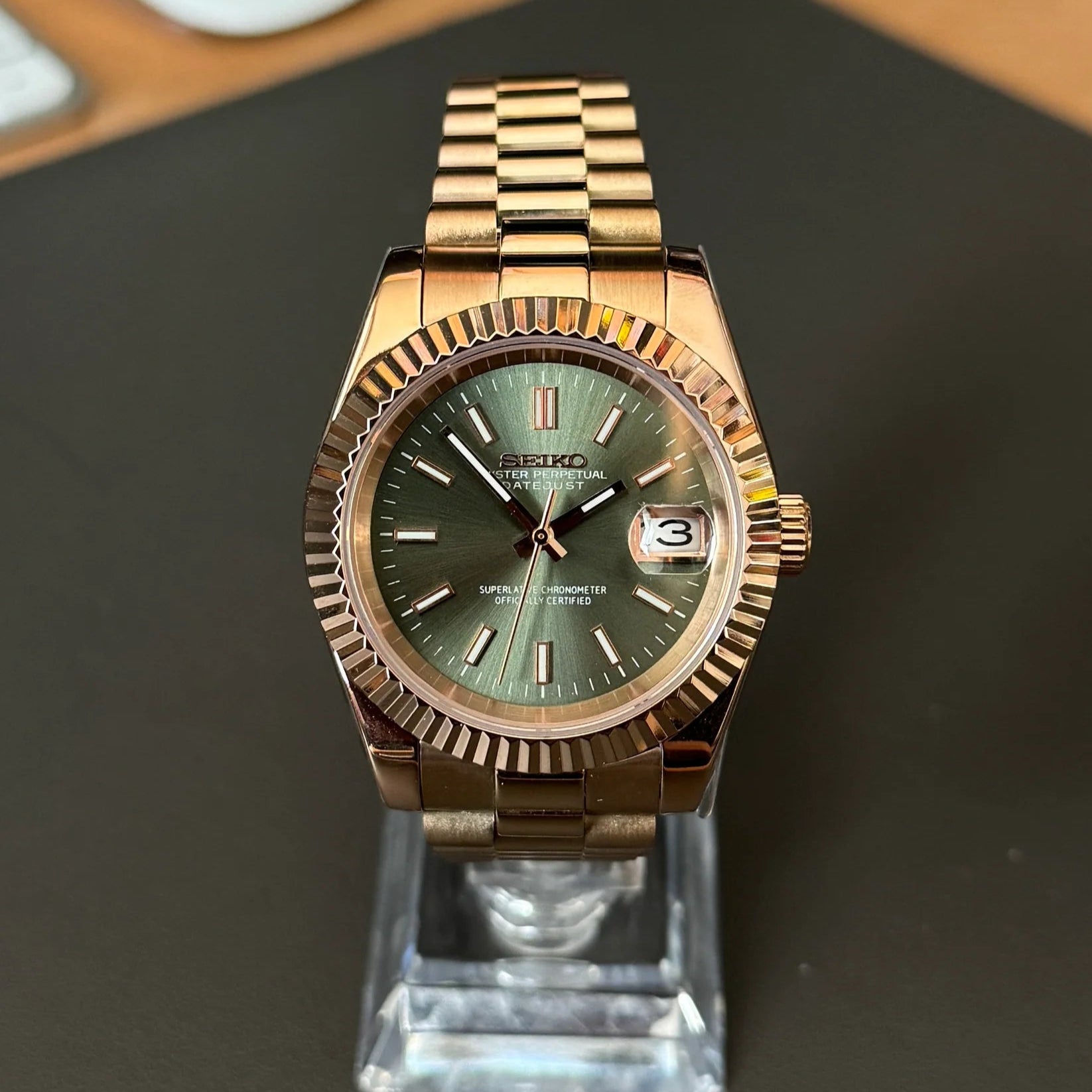 DateJust SeikoMods Rose Gold Olive Green Dial