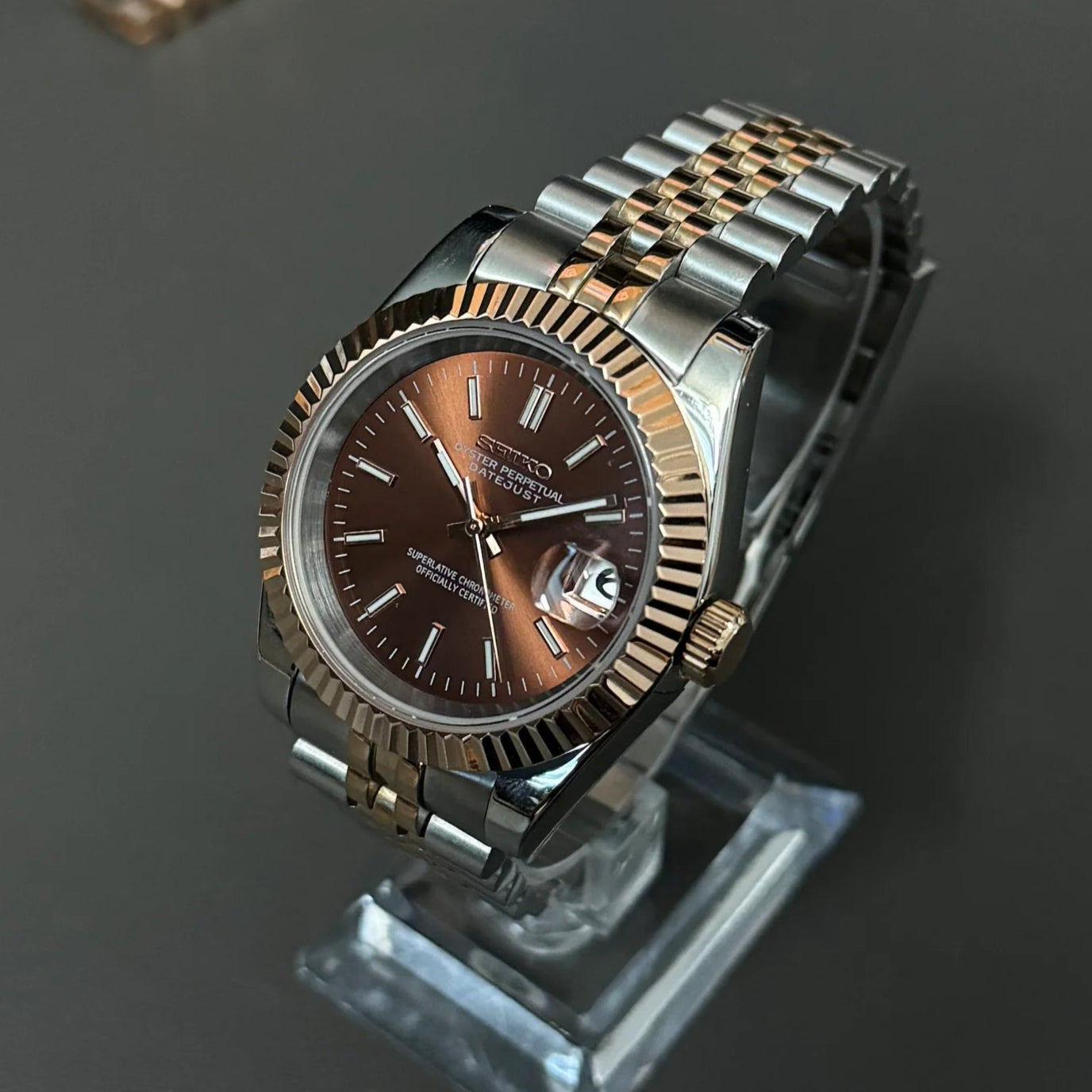 DateJust SeikoMods Two Tone Rose Gold Chocolate