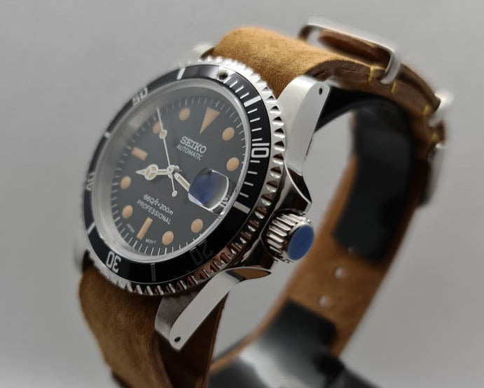 Seiko Mod Vintage Submariner Watch Brown Band