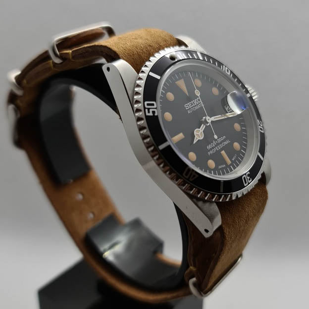 Seiko Mod Vintage Submariner Watch Brown Band