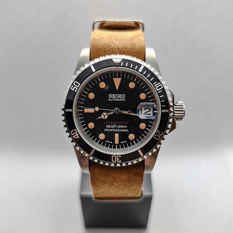 Seiko Mod Vintage Submariner Watch Brown Band